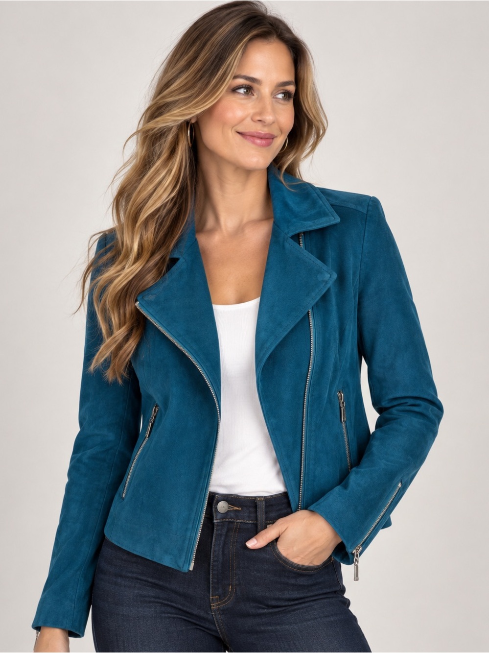 Chicos Faux Suede Moto Jacket Teal Blue Size 0 Small Cropped Asymmetrical